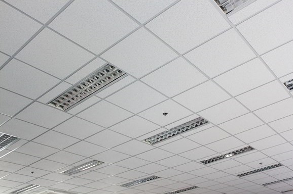 Suspended grid ceiling tiles | Featured image for Plasterboard Ceiling Design Ideas blog.