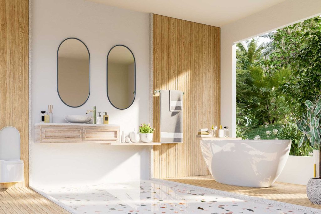 Modern bathroom with timber slat feature wall | Featured image for the blog Creating a Feature Wall from BetaBoard.